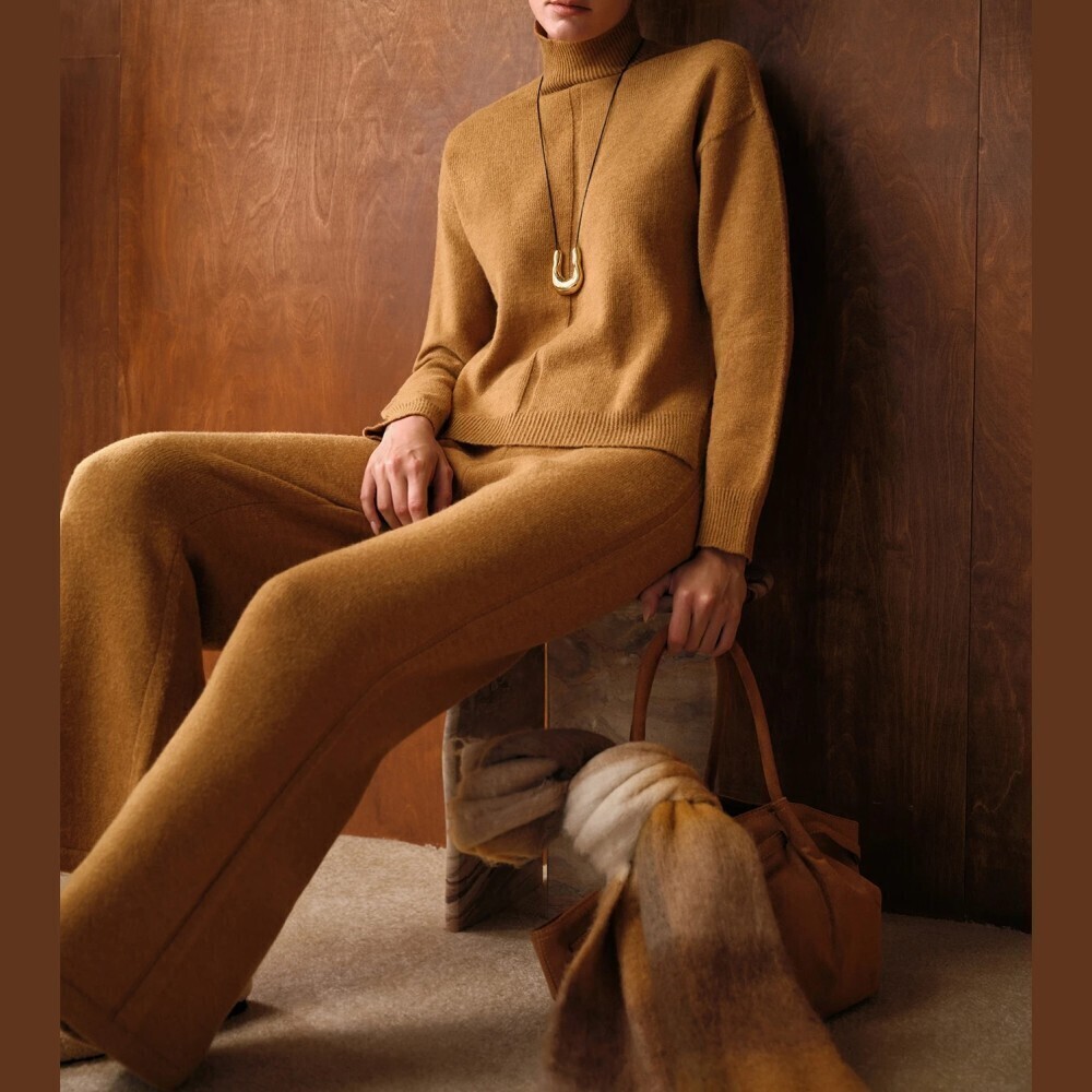 Dark Mustard Knit Turtleneck Sweater & Wide Leg Pants Two Piece Set